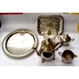 A silver plated three piece tea set with two trays, one chrome, and a chrome pickle glass bowl (6)