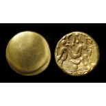 Ambiani, Gallic War Uniface Gold Stater. Circa, 60-55 BC. Gold, 6.22 grams. 16. mm. Obverse: