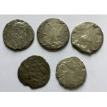 Shipwreck Coins, Four William III Halfcrowns and a Netherlands Gulden (1680 type).