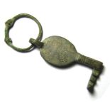 Anglo-Saxon Key.  Circa, 900-1000 AD. Copper-alloy, 4.47 grams. 49.55mm. The key consists of a