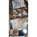UK & World Coins with World Banknotes in biscuit tin. Includes small amount of pre 47 Silver,