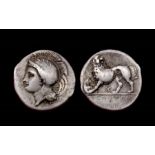 Lucania, Velia Nomos.  Circa, 334-300. BC. Silver, 7.29 grams. 21 mm. Obverse: Head of Athena