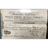 Rare Australian Shares certificate for the ‘Australian Cordillera Gold and Copper Mining Company’