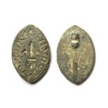 Medieval Seal. Circa 13th-14th century AD. Lead, 11.87 grams. 31.69 mm. A medieval lead vessica seal