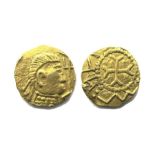 Anglo-Saxon Witmen Type Gold Thrysma. Crondall type, c. 620-645. Gold, 1.23 grams. 11.50 mm.