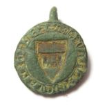 Medieval Seal. Circa 13th-14th century AD. Copper-alloy, 8.37 grams. 28.92 mm. A medieval round seal