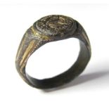 Medieval Seal Ring. Circa 13th-14th century AD. Copper-alloy, 8.77 grams. 25.37 mm. An impressive