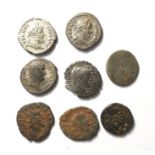 Collection of eight Roman silver and bronze coins, including denarii of Septimius Severus and