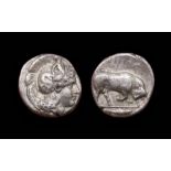 Lucania, Thourioi Nomos.  Circa, 400-350. BC. Silver, 7.67 grams. 20 mm. Obverse: Head of Athena