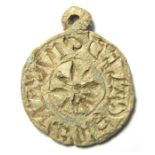 Medieval Lead Seal Matrix.  Circa 13th century AD. Lead, 22.51 grams. 42.56 mm. A large lead