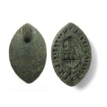 Medieval Vessica Seal.  Circa 14th century AD. Copper-alloy, 6.86 grams. 28.80 mm. A bronze