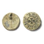 Medieval Lead Seal.  Circa 13th century. Lead, 19.06 grams. 26.80 mm. A round lead seal matrix