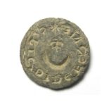 Medieval Lead Seal Matrix.  Circa 13th century AD. Lead, 9.58 grams. 24.21 mm. A medieval round seal