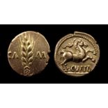 Cunobelin Classic Gold Stater. Circa AD, 8-41. Gold, 5.35 grams. 18 mm. Obverse: Corn-ear with