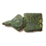 Medieval Book Clasp. Circa 14th century AD. Copper-alloy, 16.10 grams. 48.38 mm. A medieval gilded