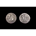 Republican AR Victoriatus.  211-206 BC. Silver, 2.81 grams, 16.79 mm. Obverse: Laureate head of