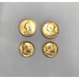 Two Full Sovereigns 1892, 1896 and two Half Sovereigns 1902 & 1910.  Condition, wear to high