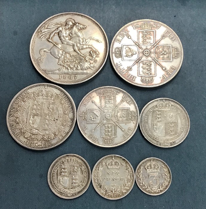 A Put together 1887 coin set of Full Crown to Threepence in a home made case. Includes both types - Image 2 of 3