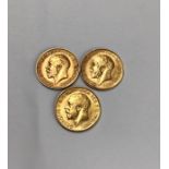 3 x George V half Sovereign. 2 x 1911 & 1912. Condition, wear to high points with small scratches.