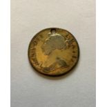 gilded Queen Anne Shilling 1707 with Plumes in angles. Condition, holed, wear to surface with