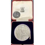 George V large Royal Mint Jubilee Silver medal 56m in Original case  with a George I half penny 1721