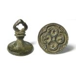 Medieval Seal Matrix.  Circa 14th century AD. Copper-alloy, 12.28 grams. 24.71 x 22.39 mm. A