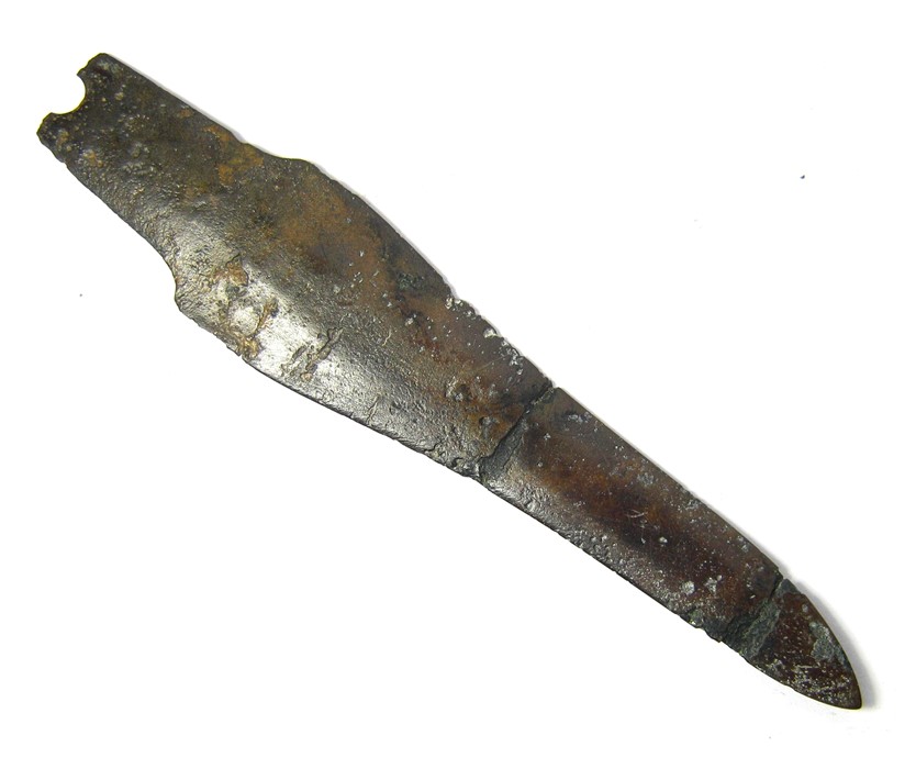 Bronze Age Dirk.  Circa, 1400 - 1100 BC. Bronze, 13.21 grams. 101.13 mm. A Middle Bronze Age