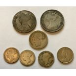 Victoria silver coins, includes Florins 1859 & 1875, Shilling 1885, 4 x Sixpence.