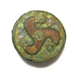 Roman Triskele Disk Brooch. Circa, 2nd century AD. Copper-alloy, 4.42 grams, 20.65 mm. A disk type