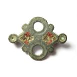 Roman Brooch. Circa, 2nd century AD. Copper-alloy, 4.63 grams. 34.76 mm. A Roman open-work, equal-