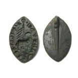 Medieval Vessica Seal Matrix.  Circa 14th century AD. Copper-alloy, 6.38 grams. 31.48 mm. A medieval