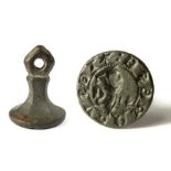Medieval Seal Matrix.  Circa, 1300-1400 AD. Copper-alloy, 6.33 grams. 20.11 mm. Base: 15.78 mm. A