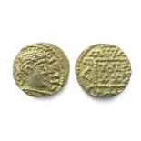 Anglo-Saxon PADA Gold Thrysma. Post-Crondall Type, c. AD 655-675. Gold, 1.22 grams. 12.37 mm.