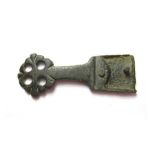 Medieval Strap-End.  Circa 14th century AD. Copper-alloy, 4.41 grams. 40.48 mm. An unusual