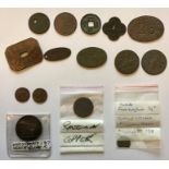 Collection of tokens and coins, includes Victorian Half Farthings, higher grade 1877 Penny, one