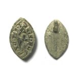 Medieval Vessica Seal.  Circa 14th century AD. Copper-alloy, 3.92 grams. 24.17 mm. A vessica type