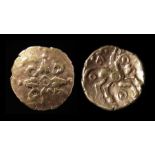 Addedomaros Floral Gold Quarter-Stater.  Circa 45-25 BC. Gold, 1.37 grams. 13 mm. Obverse: Flower of