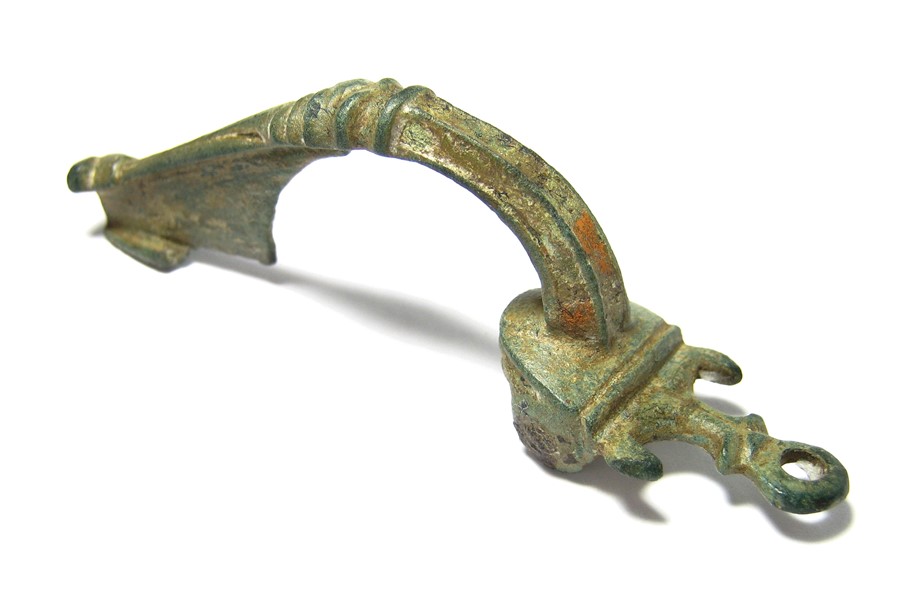 Roman Brooch. Circa, 2nd century AD. Copper-alloy, 14.58 grams. 72.82 mm. A Roman Wroxeter type