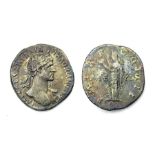 Hadrian Denarius Circa, 117-138 AD. Silver, 2.72 grams. 19 mm. Obverse: Laureate bust right, drapery