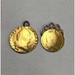 George III Guinea (Date worn) & half Guinea 1798, yellow metal mounts on both,  Condition, heavy