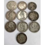 Victoria silver coins, includes Halfcrowns 1878, 1889, 1890 x 2, 1891, 1896, 1900, Florins 1849 (