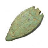 Anglo-Saxon Strap-End. Circa, 800-900 AD. Copper-alloy, 4.02 grams. 36.81 mm. A broad leaf-shaped