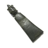 Medieval Strap-End. Circa 13th century. Copper-alloy, 3.70 grams. 37.55 mm. A tapering plain panel