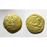 Gallo-Belgic Broad Flan Quarter Stater.  Circa, 150 BC. Gold, 1.53 grams. 13 mm. Obverse: Flamboyant