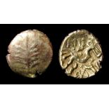 Dobunni Catti Tree Gold Stater. Circa, 1-20 AD. Gold, 5.07 grams. 18 mm. Obverse: Tree symbol with