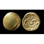 Ambiani, Gallic War Uniface Gold Stater. Circa, 60-55 BC. Gold, 6.31 grams. 17. mm. Obverse: