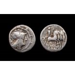 M. Acilius M.F Denarius.  130 BC. Silver, 3.77 grams, 18.28 mm. Obverse: Helmeted head of Roma