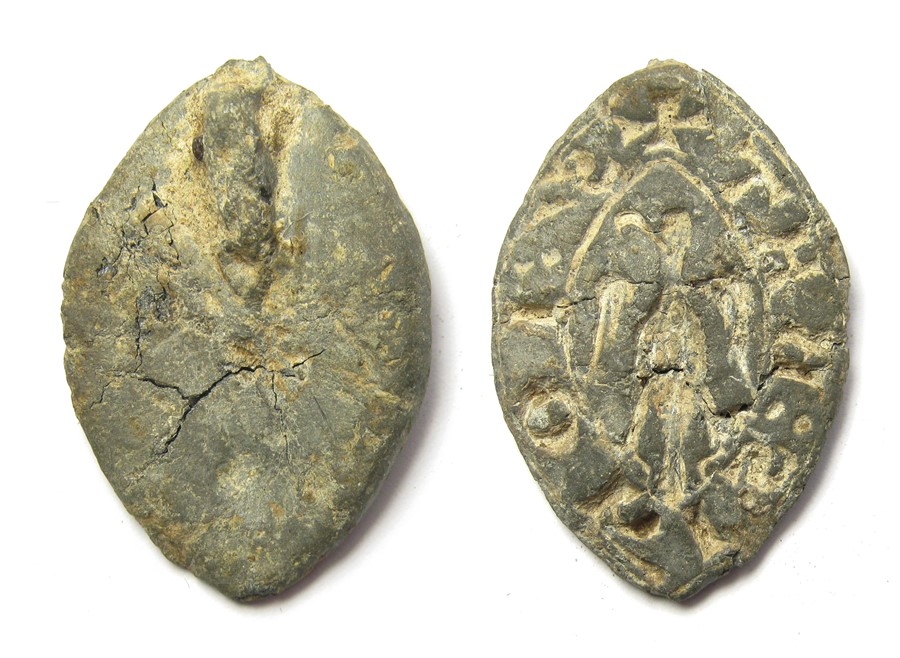 Medieval Lead Vessica Seal Matrix. Circa 13th century AD. Lead, 15.73 grams. 35.59 mm. A medieval