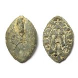 Medieval Lead Vessica Seal Matrix. Circa 13th century AD. Lead, 15.73 grams. 35.59 mm. A medieval