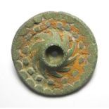 Roman Brooch.  Circa, 2nd century AD. Copper-alloy, 7.32 grams. 26.59 mm. A Roman disc brooch